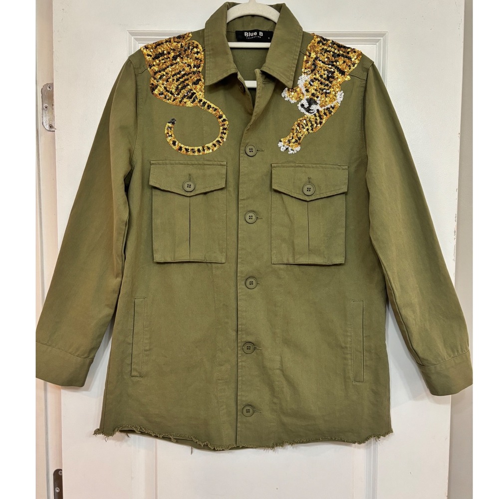 New Sequin Tiger Utility Jacket Olive Green Raw Hem Small Blue B Collection